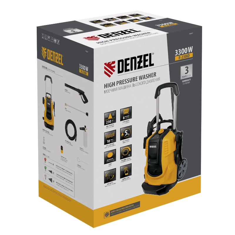 Мойка высокого давления Denzel R-230iD 58267, 230 бар, 3300 Вт, 600 л/ч, асинхронный двигатель, барабан в Череповце