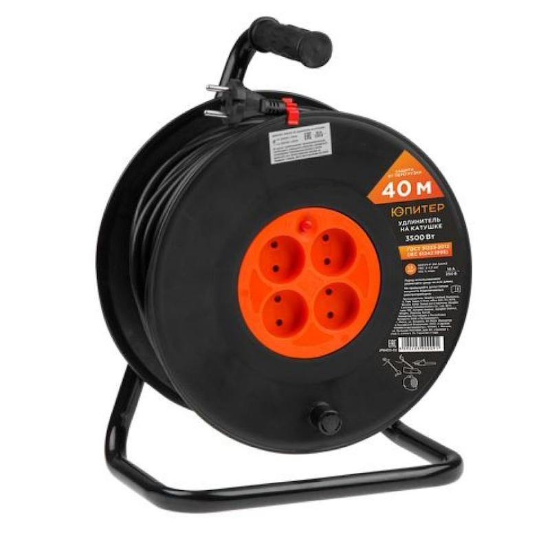 Удлинитель на катушке Юпитер JP8403-02, 40м, 4 роз., 3,5кВт, б/з, ПВС 2х1,5