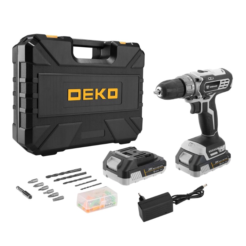 Дрель-шуруповерт аккумуляторная Deko DKCD20 Black Edition SET 3 063-4050, в кейсе, набор 63 инструмента, 20 В, 2х2.0 Ач в Иваново