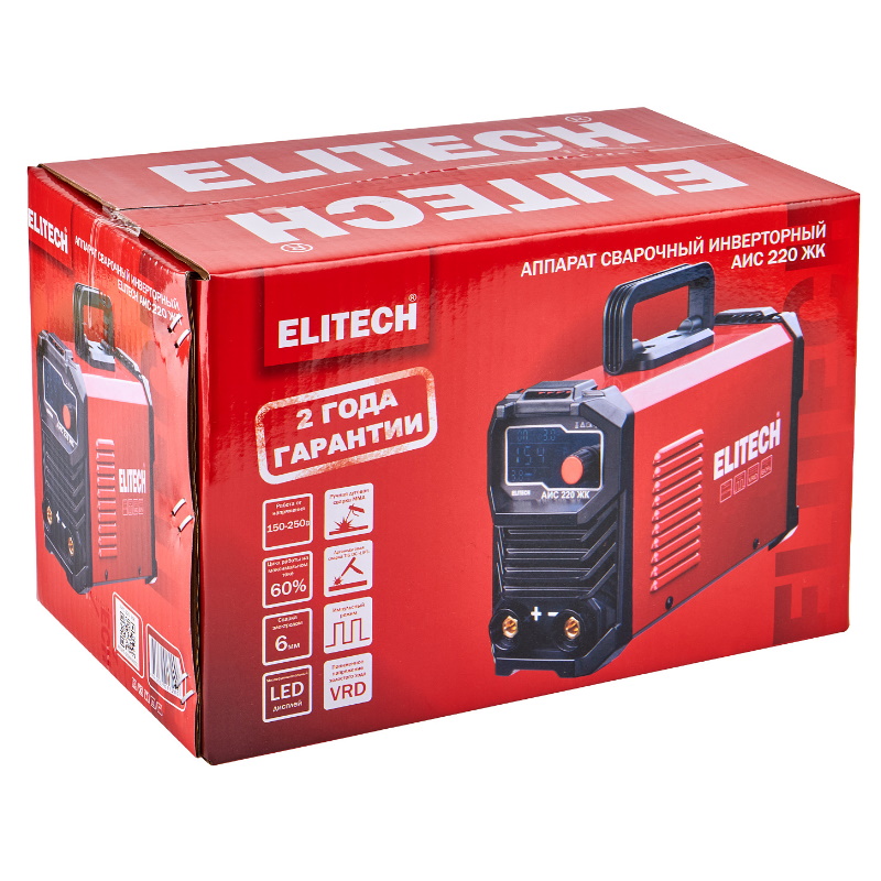 Инвертор Elitech АИС 220 ЖК 204746, MMA, 160-250В, 7.9 кВт, 20-220А в Рыбинске