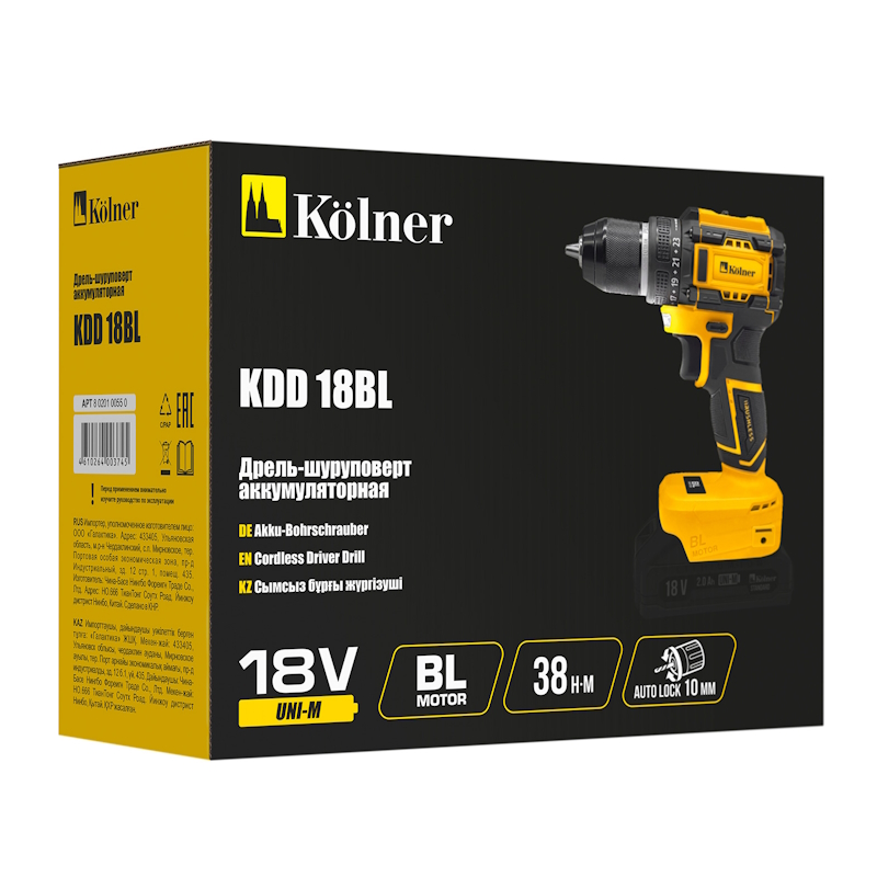Дрель-шуруповерт аккумуляторная Kolner KDD 18BL 4610264003745, 18V UNI-M, BL, 34/15 Нм (без акб и зу) в Рыбинске