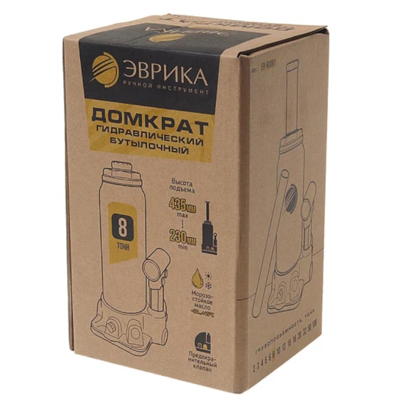 Домкрат гидравлический Эврика ER-80081, бутылочный, с клапаном, 8т, ремкомплект (выс. подъема 230-435мм) в Иваново