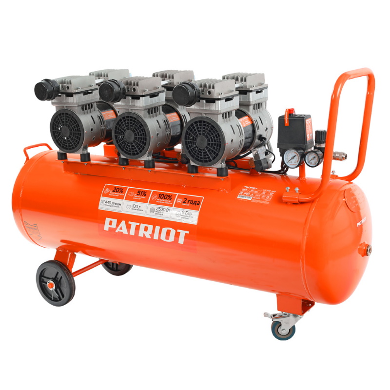 Компрессор поршневой Patriot WO 100-440 525301935, безмасляный, 440 л/мин, 8 бар, 2500 Вт, 100 л, быстросъем и "елочка" с вентилем в Вологде