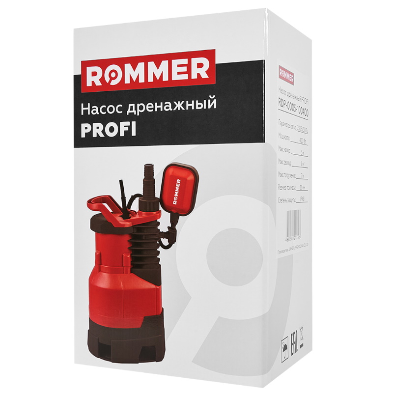 Насос дренажный Rommer PROFI RDP-0005-100400, H-5 м, Q-9 м3/ч, кабель 10 м, 400 Вт, для грязной воды в Переславле