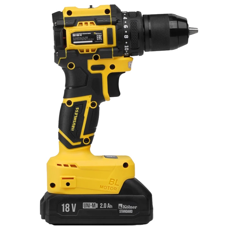 Дрель-шуруповерт аккумуляторная Kolner KDD 18BL-1K 8020100601 (18V UNI-M, BL, 38/18 Нм, 0-350/1350 об/мин, АКБ 1x2.0 Ач, ЗУ, кейс) в Кинешме