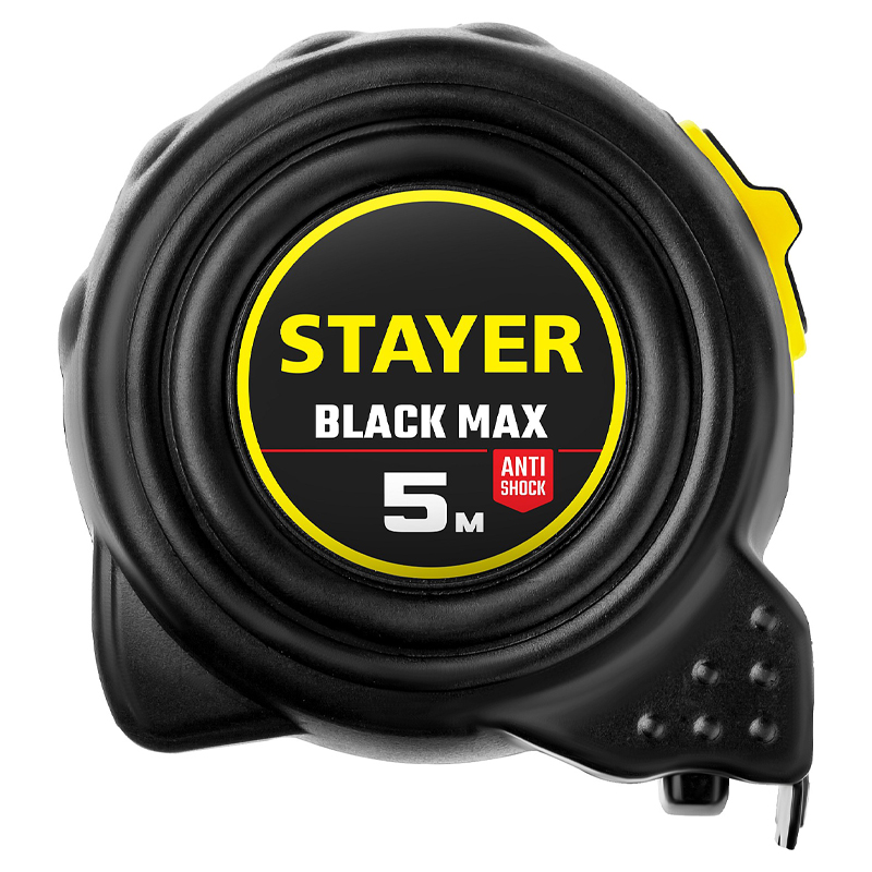 Рулетка Stayer BlackMax, 3410-05-25_z02 в ударостойком полностью обрезиненном корпусе и двумя фиксаторами (5мх25мм) в Кинешме