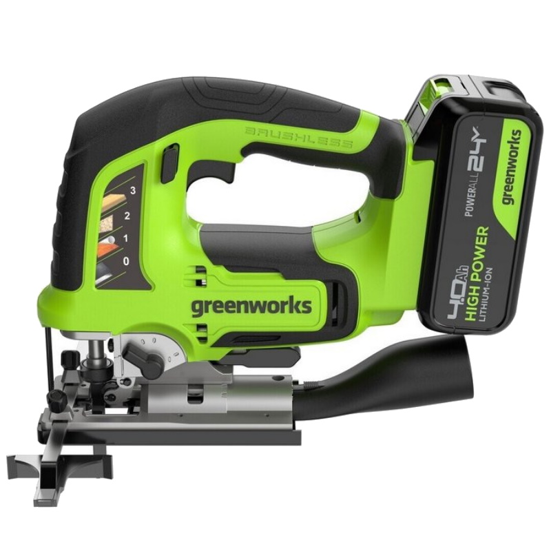 Лобзик Greenworks GD24JS120 3601407CUB, 24V, б/щет, 120 мм, 0-3500 об/мин, алюминиевая подошва, LED, 1х4Ач, ЗУ, коробка во Владимире
