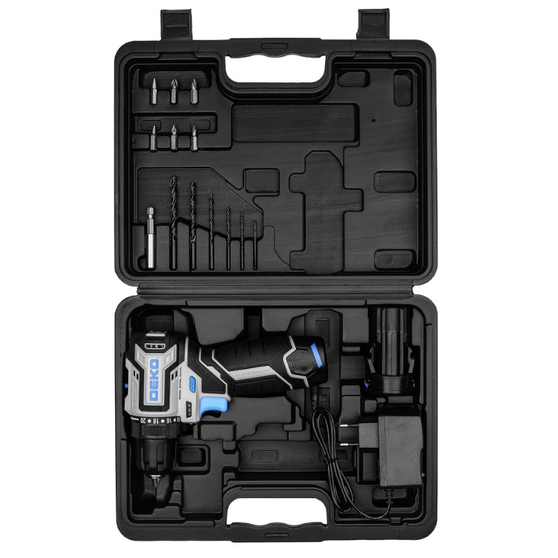 Дрель-шуруповерт Deko Sharker 12V PRO 084-1036, аккумуляторная, бесщеточная, компактная, в кейсе + оснастка, 13 шт, 12В, 2x2.0Ач в Туле