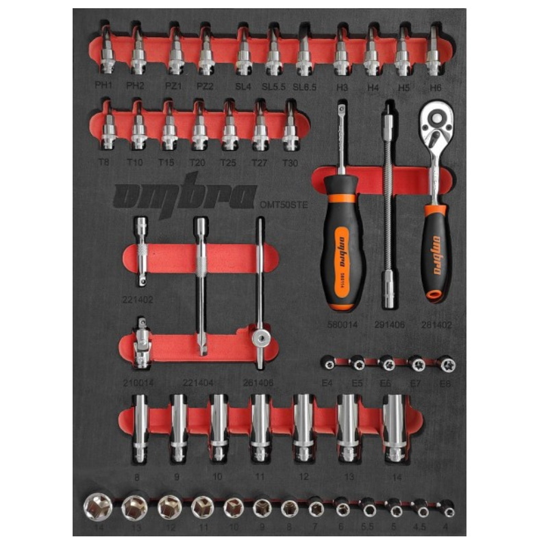 Набор головок торцевых Ombra OMT50STE 056137, 1/4" DR 4-14 мм, внешний TORX Е4-Е8, с аксессуарами, в EVA ложементе 280х375 мм, 50 предметов