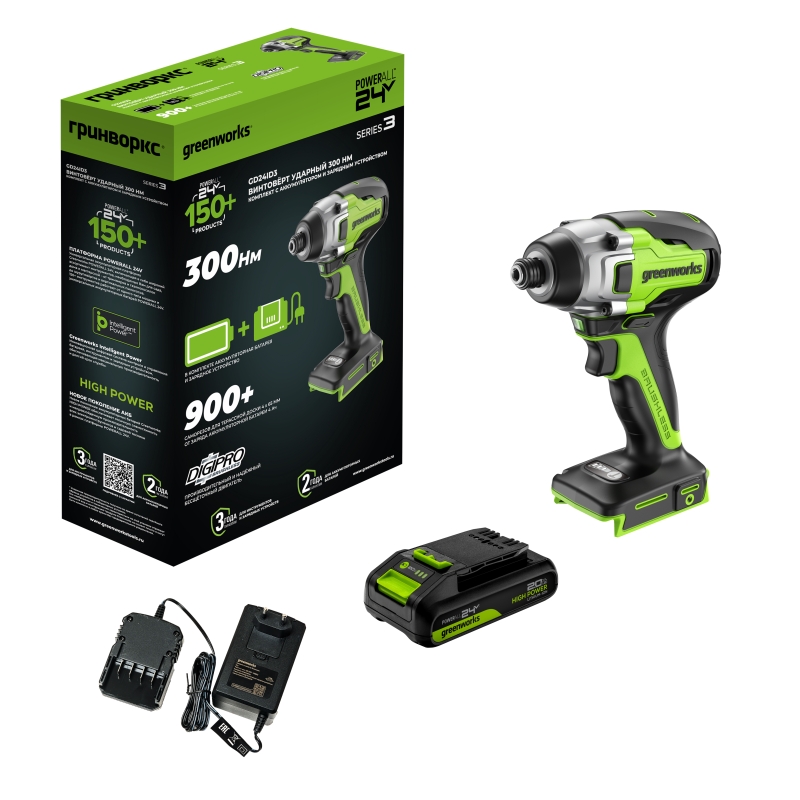 Винтоверт ударный аккумуляторный Greenworks GD24ID3 24V 3802807CUA, б/щет,0-2800об/мин,4000уд/мин,HEX 1/4,300Нм,1x2Ач,ЗУ,кор в Угличе