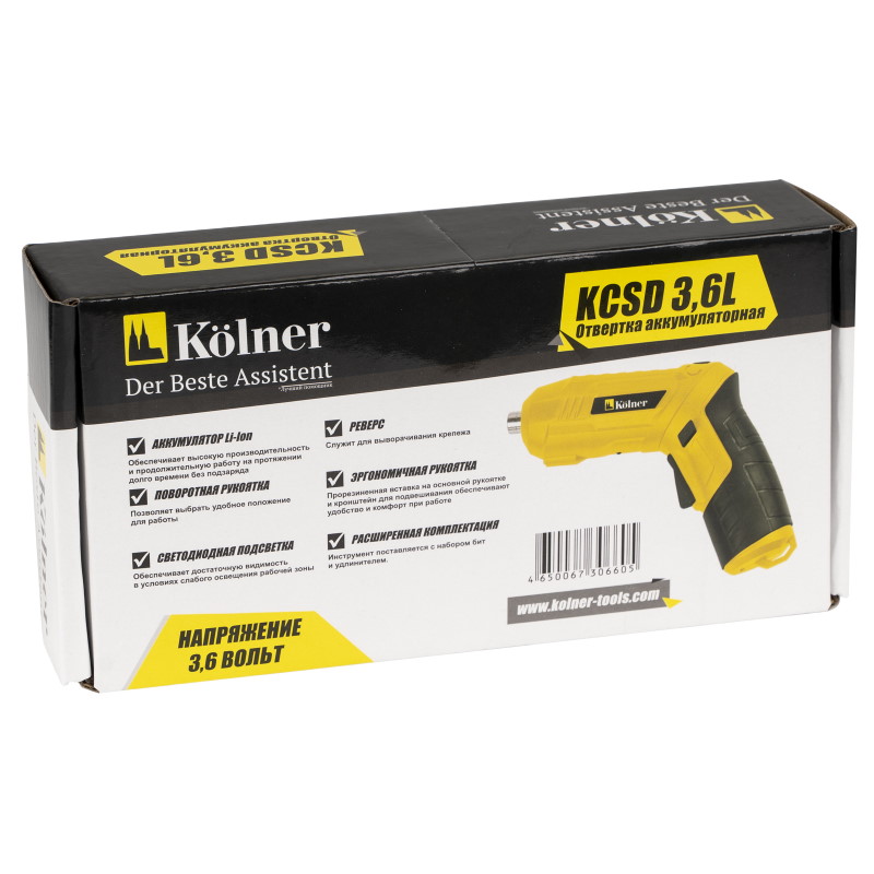 Отвертка аккумуляторная Kolner KCSD 3.6L, реверс, подсветка рабочей зоны, патрон шестигранник, встроенный аккумулятор в Костроме