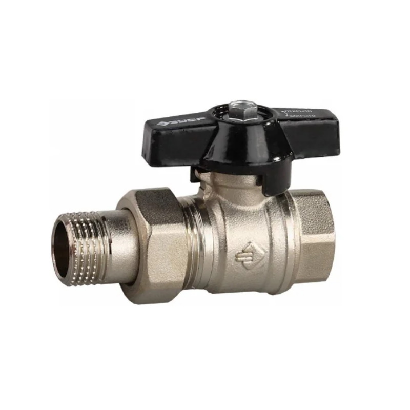 Кран шаровой Зубр 4-51327-C-3/4 полнопроходной с накидной гайкой "мама-папа", бабочка, никелированная латунь, 3/4" 