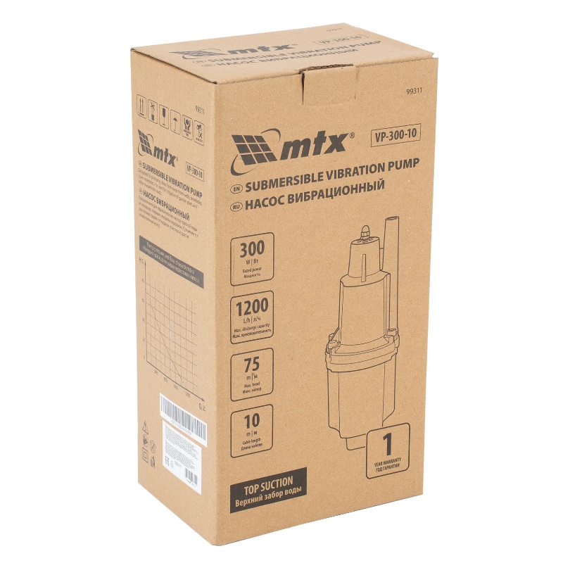 Вибрационный насос MTX VP-300-10 99311, верхний забор, 300 Вт, напор 75 м, 1200 л/ч, кабель 10 м в Коврове