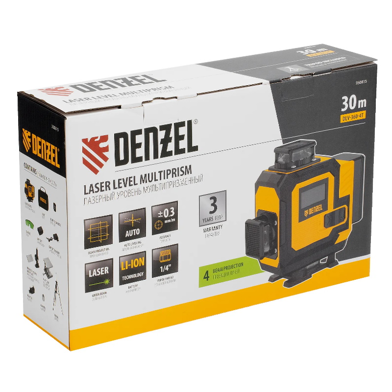 Лазерный уровень мультипризменный Denzel DLV 360-4T 350815, 30 м, зеленый луч, Li-Ion 2,4 Aч, штатив в Твери