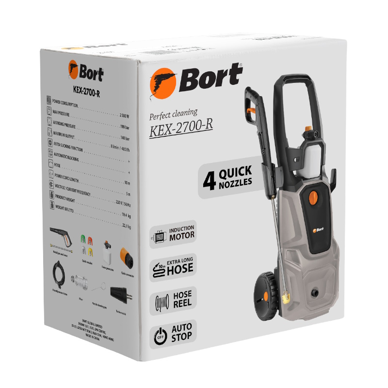 Мойка высокого давления Bort KEX-2700-R 93416145, 190 бар, 2,5 кВт, 8 л/мин, бесщеточный двигатель, набор аксессуаров 12 шт, автоотключение при перегреве во Владимире