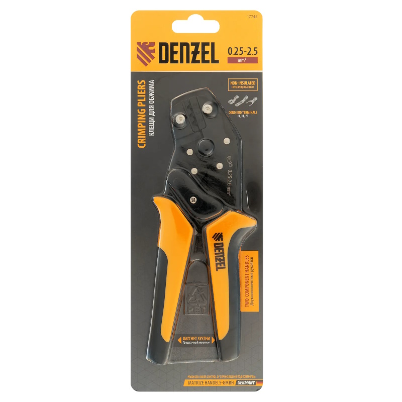 Клещи Denzel 17745 для обжима неизолированных наконечников НК и НВ, разъемов РП, 0,25 - 2,5 мм2 