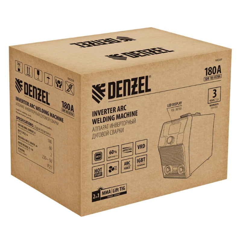 Аппарат инверторный дуговой сварки Denzel SDR-185 Ultra 94359 180 А ПВ 60