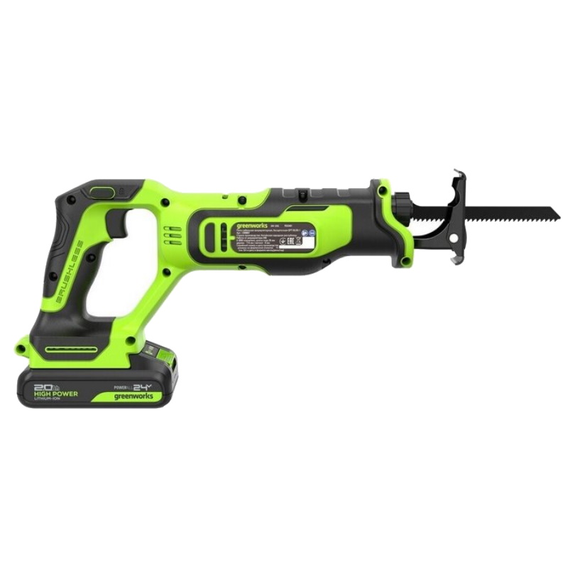 Пила сабельная аккумуляторная Greenworks GPT-BLRS-1 1200607CUA, 24V, б/щет, 0-3000 об/мин, рез 115 мм дерево, 1х2Ач, ЗУ, коробка в Угличе