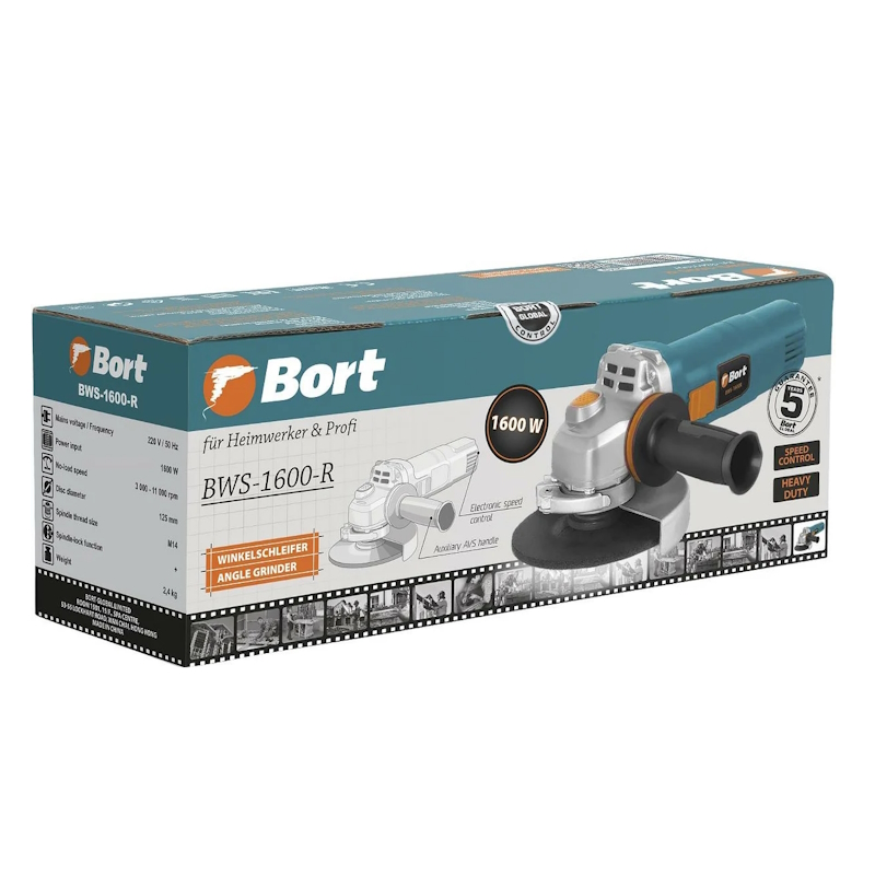 Угловая шлифмашина (болгарка) Bort BWS-1600-R 93411157, 125 мм, 1600 Вт, плавный пуск, регулировка оборотов в Муроме