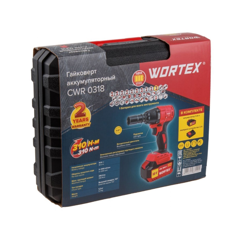 Аккумуляторный ударный гайковерт Wortex CWR 0318 ALL1 МЕГА 0329229, АКБ и зарядное устройство, в чемодане, 18 В, 310 Нм, 1/2", 4 Ач в Туле