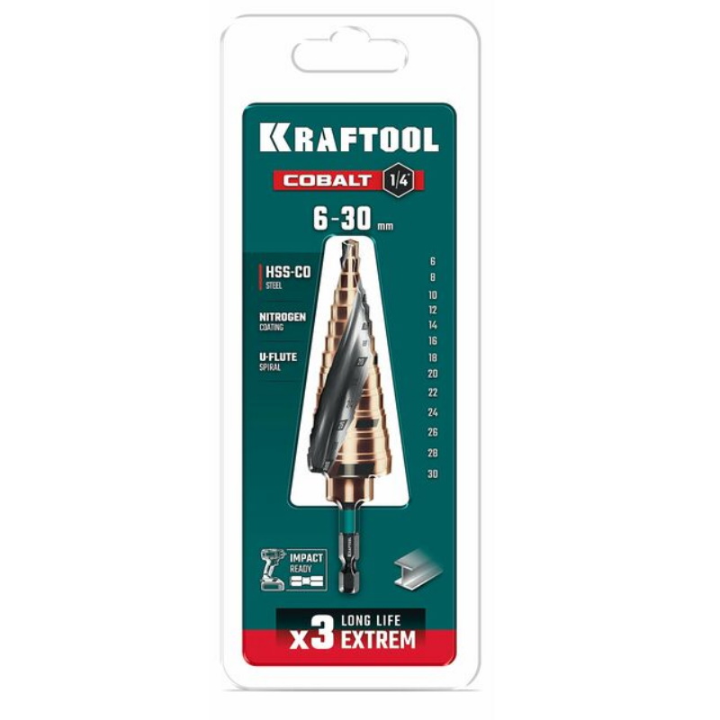 Сверло ступенчатое Kraftool COBALT 29691-6-30-13, 6-30 мм, 13 ступеней, азотирование, винтовая спираль