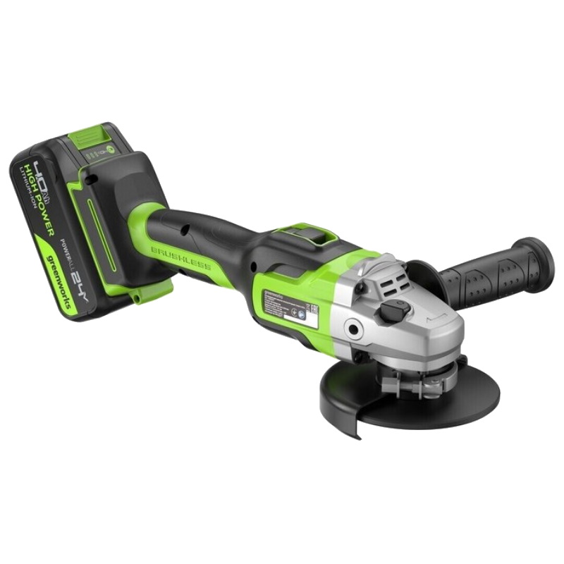 Угловая шлифовальная машина аккумуляторная Greenworks GD24AG 3200207CUB, 24V, б/щет, 125 мм, 10500 об/мин, 1x4Ач, ЗУ, коробка в Череповце