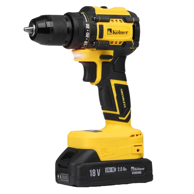 Дрель-шуруповерт аккумуляторная Kolner KDD 18BL-1K 8020100601 (18V UNI-M, BL, 38/18 Нм, 0-350/1350 об/мин, АКБ 1x2.0 Ач, ЗУ, кейс) в Кинешме
