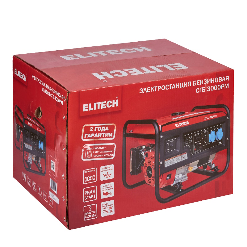 Генератор бензиновый Elitech СГБ 3000РМ 205550, 4-т, мак 2.8/ном 2.5 кВт,230В-11А