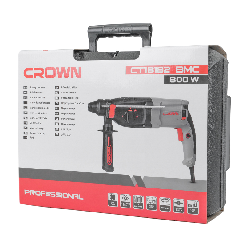 Перфоратор Crown CT18182 BMC  в кейсе, с защитной муфтой, с виброзащитой