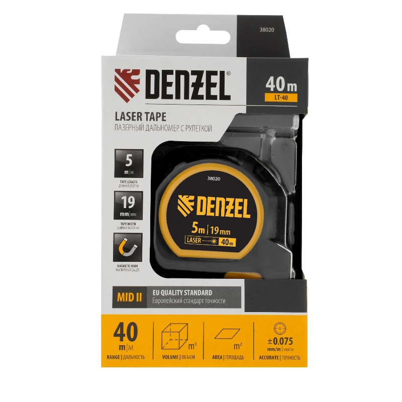 Лазерный дальномер с рулеткой Denzel LT-40 38020, 5м x 19 мм, дальномер 40м, автоматическая фиксация в Александрове