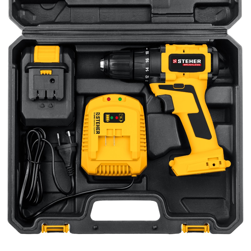 Дрель-шуруповерт бесщеточная Steher CDB-200-1 V1, 20 В, 45 Нм, 1 АКБ (2 Ач), кейс