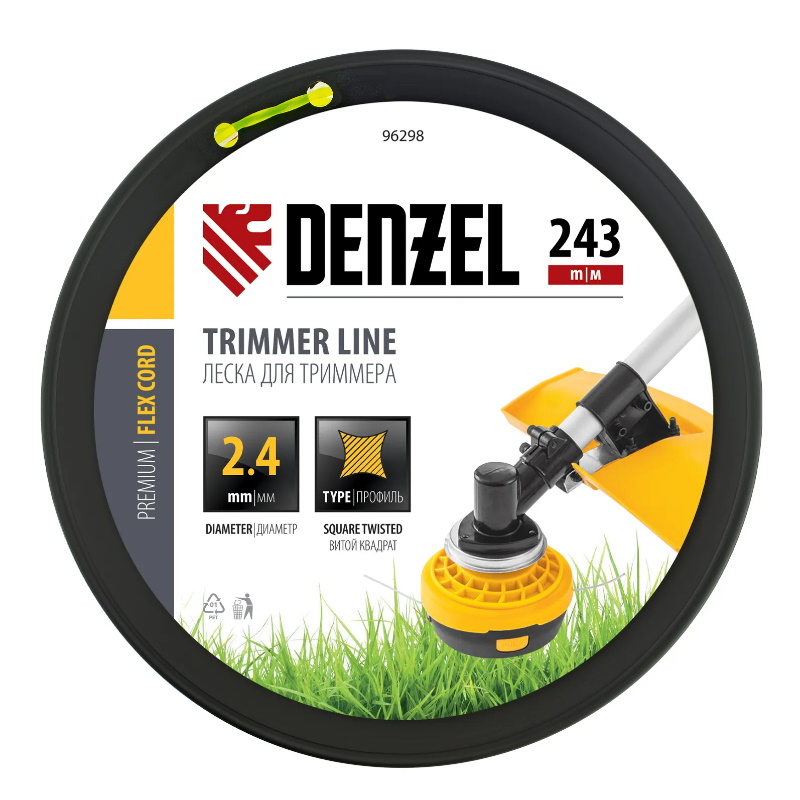 Леска для триммера витой квадрат Denzel FLEX CORD 96298, 2,4ммх243м, на DIN катушке