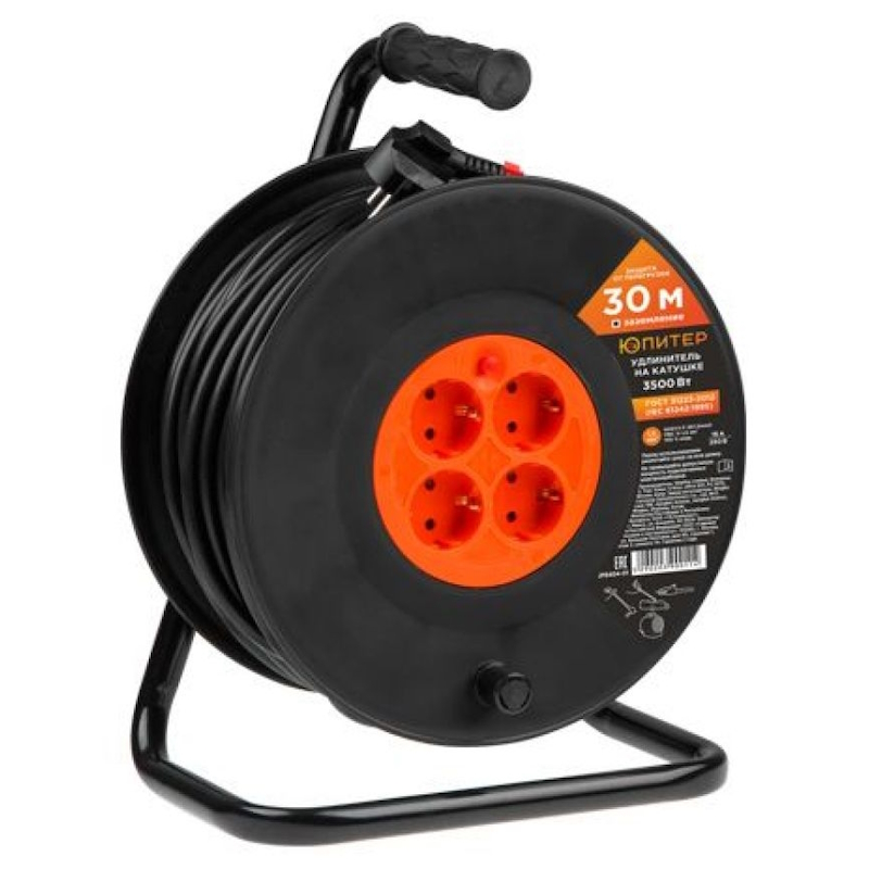 Удлинитель на катушке Юпитер JP8404-01, 4 роз., 3,5кВт, с/з, ПВС 3х1,5, 30м