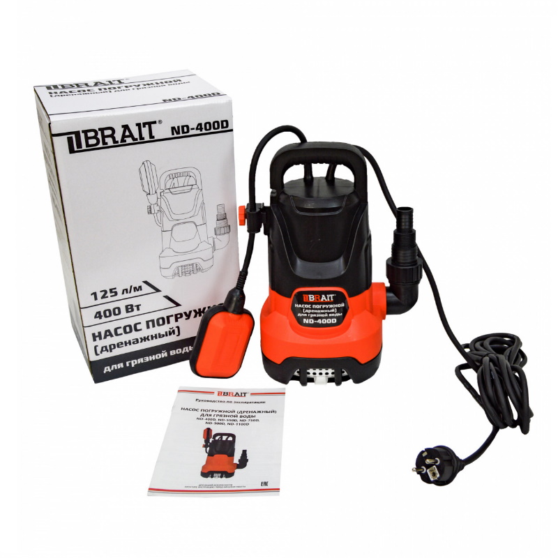 Насос дренажный погружной Brait ND-400D 23.01.144.077, 125л/м, 400Вт, до 35 мм, максимальный напор 5м в Туле