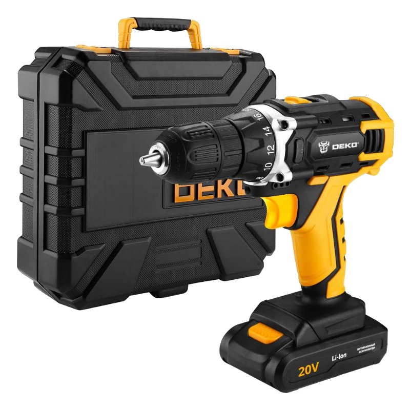 Аккумуляторная дрель-шуруповерт Deko DKCD20FU-Li 063-4178 в кейсе + 104 предмета, 42 Нм, 20В, 2х1.5 А*ч, з/у в Туле