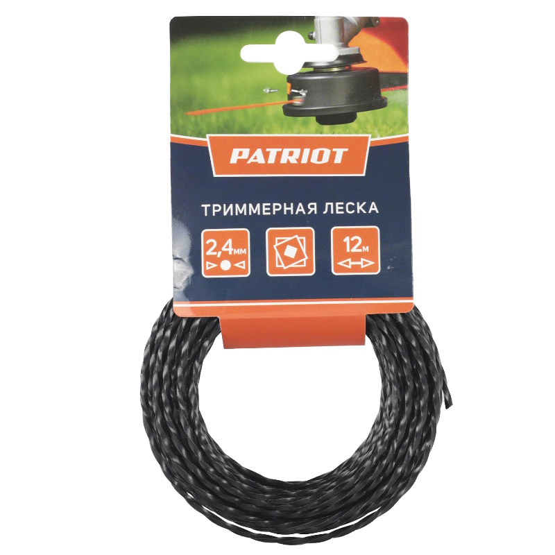 Леска Patriot 805205125, D 2.4 мм, L 12 м, скрученный квадрат, черный, 240-12-5, картонный подвес