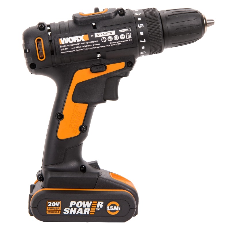 Дрель-шуруповерт аккумуляторная WORX WX101.1, 20В, 1.5Ач x2, кейс в Рыбинске