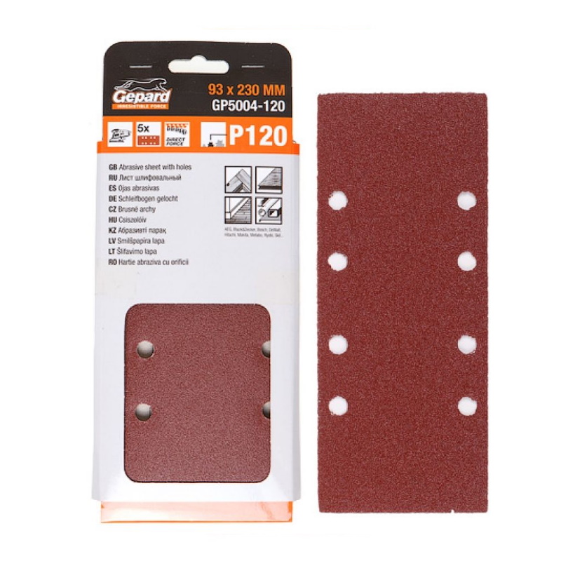 Шлифлист Gepard GP5004-180 93х230мм Р180 ддерева 8 отверстий 5шт 89₽