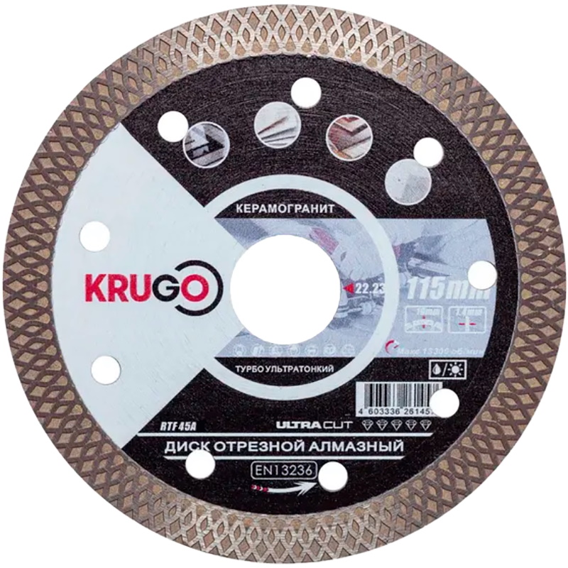 Диск алмазный Krugo Турбо ТF RTF45A, ультратонкий, по керамике, для УШМ, 115x1.4x22.23x10mm в Туле