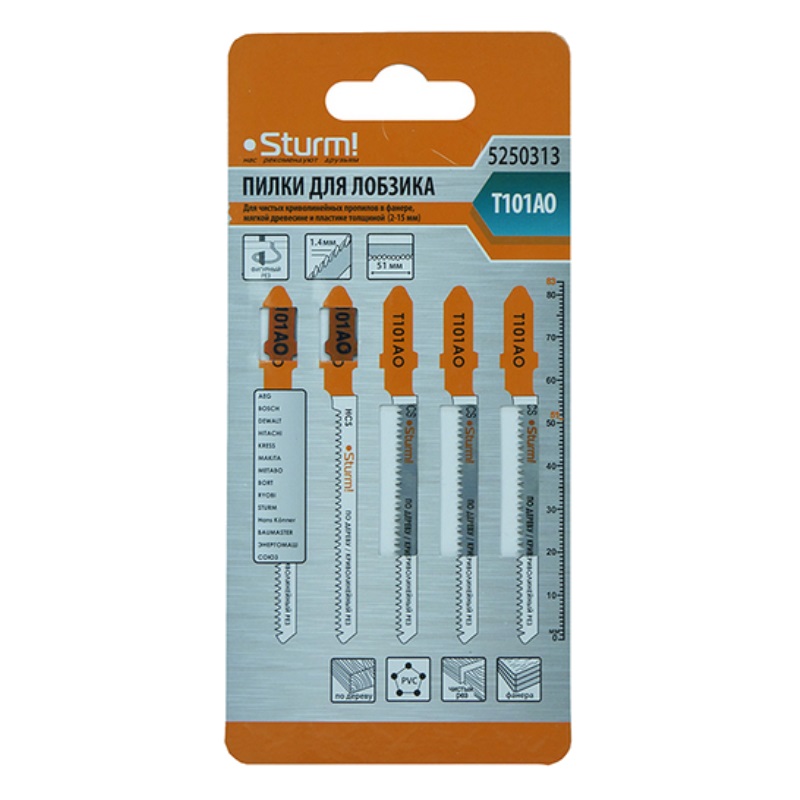 Пилки для лобзика по дереву Sturm 5250313 T101AO, 5 шт, 83х51 мм в Угличе