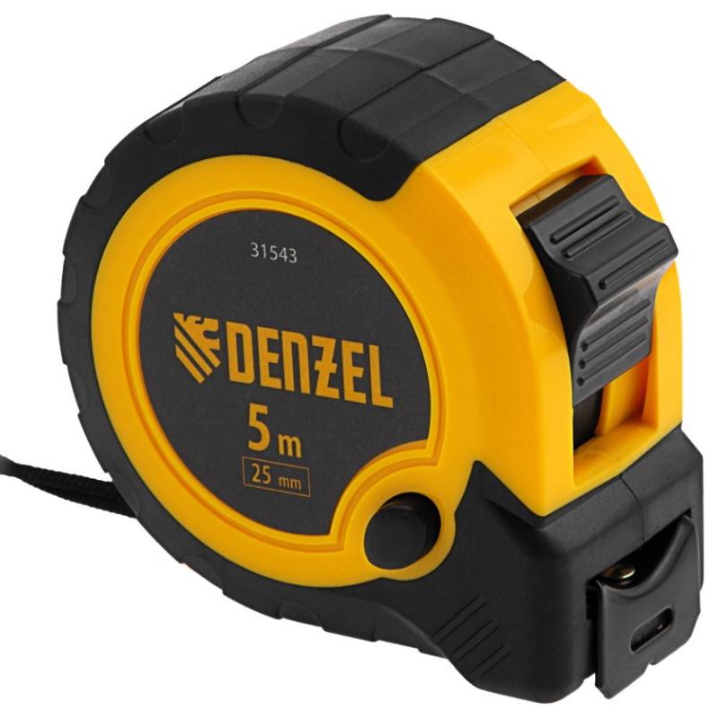 Рулетка DENZEL 31543 5м х 25мм, двухкомп. корпус, кнопка-пауза