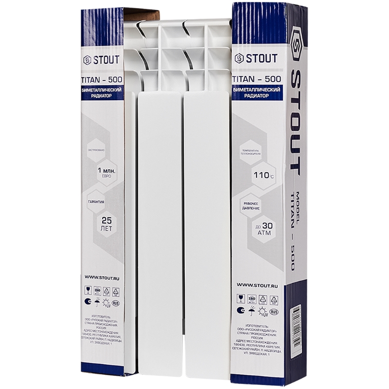 Радиатор Stout TITAN 500 SRB-3310-050004, 4 секции, биметаллический, боковое подключение (белый RAL 9016) в Рыбинске