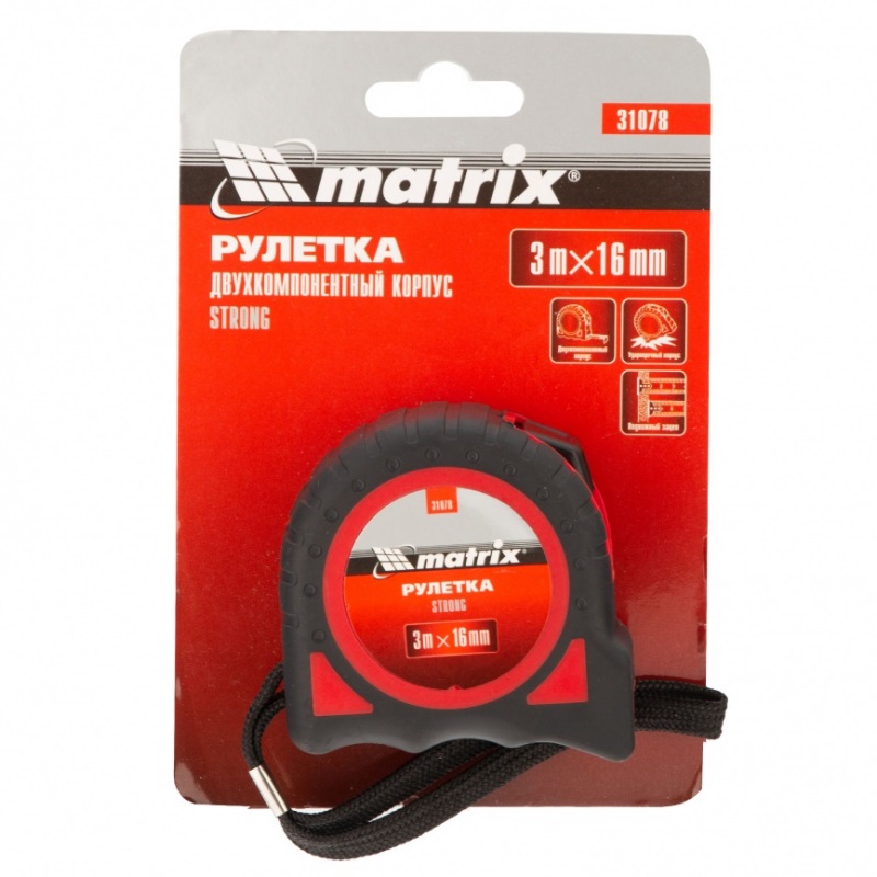 Рулетка Matrix Strong 31078 (3 м, 16 мм, обрезиненный корпус)