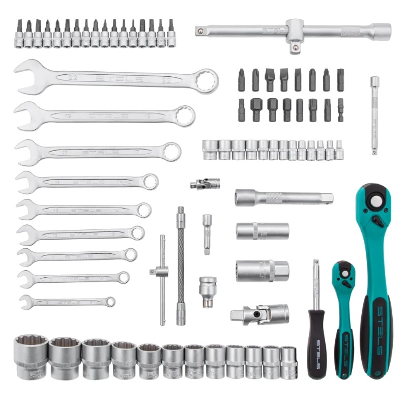 Набор инструментов Stels 14117, 1/2", 1/4", CrV, 12-гранные головки, пластиковый кейс, 82 предмета в Кинешме