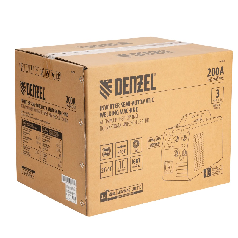 Аппарат инверторный полуавтоматической cварки Denzel IMIG-200SP Pulse 94362, 200 А, ПВ 60%, катушка 5 кг в Костроме
