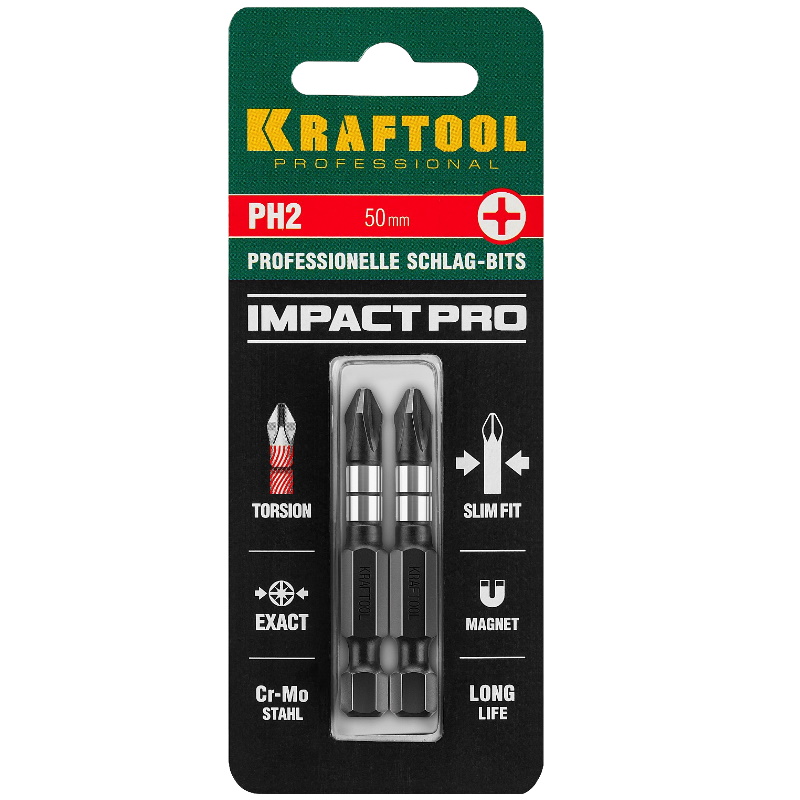 Биты Kraftool Impact Pro Philips 26191-2-50-S2 тип хвостовика E14 PH2 50мм 2 шт 292₽