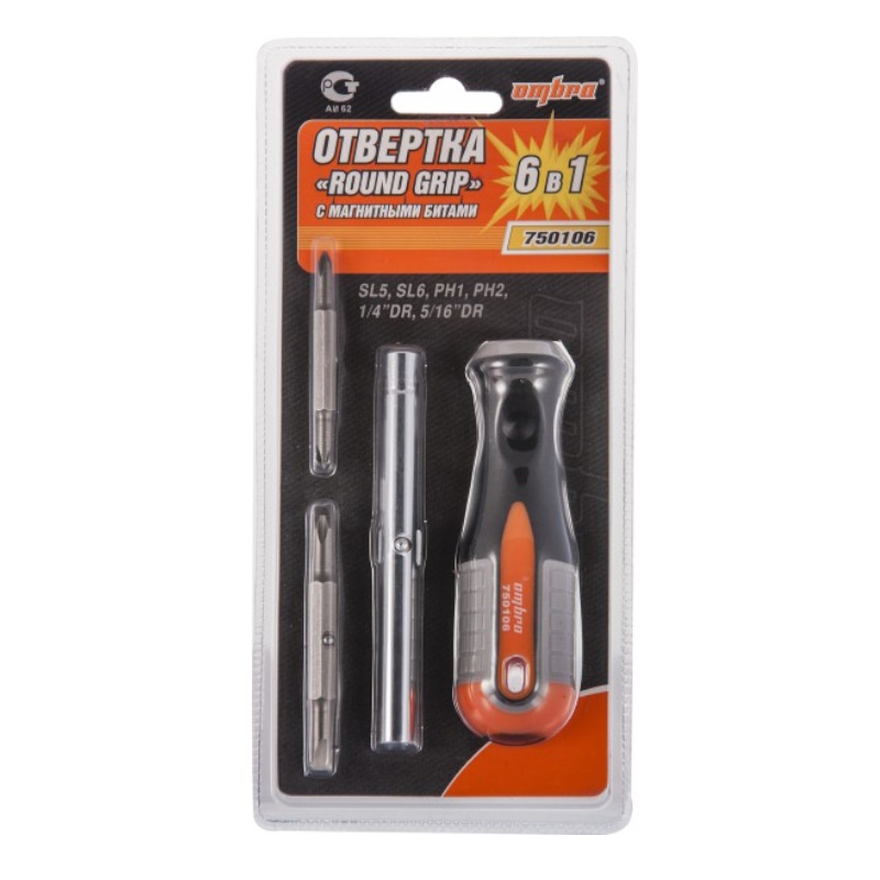 Отвертка стрежневая Ombra 750106, 6в1, ROUND GRIP 1/4",5/16"DR, SL5,6, PH1,2 в Рыбинске