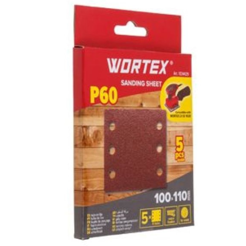 Шлифлист Wortex 1334429, 100х110 мм, Р60, д/дерева, самосцепляющийся, 6 отверстий, 5 шт