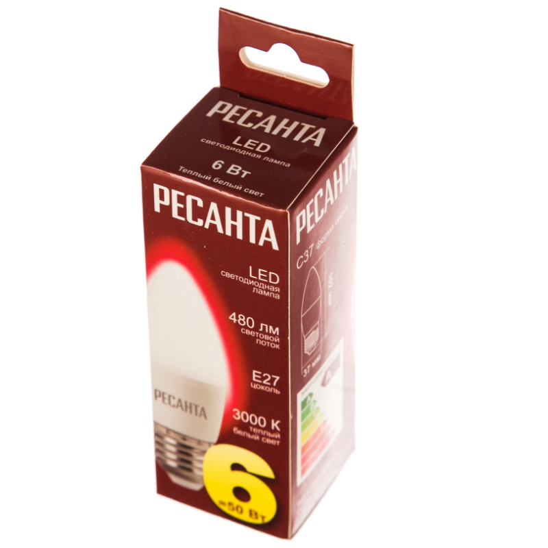 Светодиодная лампа Ресанта LL-R-C37-6W-230-3K-E27 (цветность: теплый белый свет, напряжение 220v, свеча) в Твери