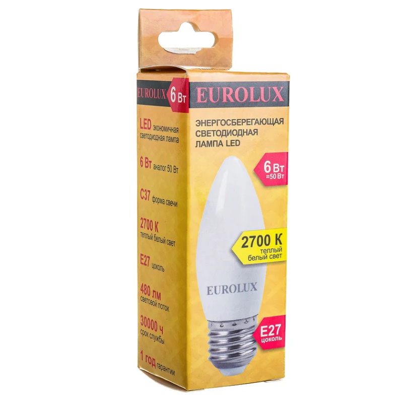 Светодиодная лампа Eurolux LL-E-C37-6W-230-2.7K-E27 в Кинешме